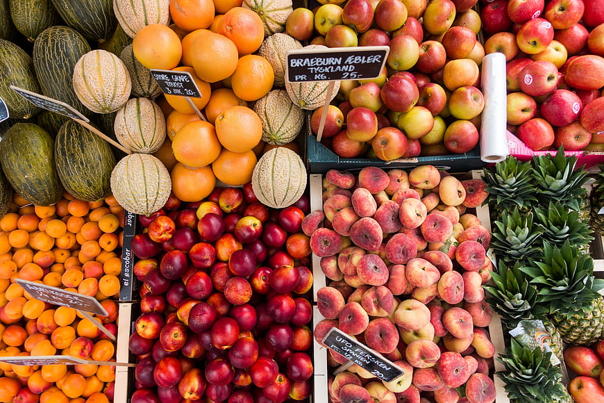Top View of Colorful Fresh Fruits at a Market Stall