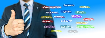 Businessman Thumbs Up with Project Management Keywords