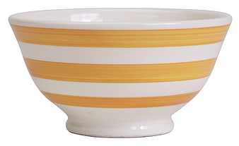 White Ceramic Bowl with Yellow Stripes on White Background