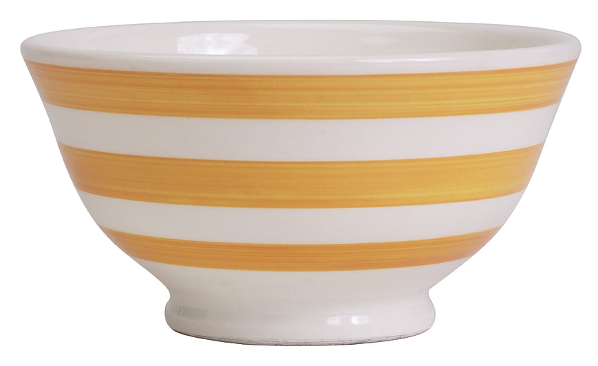 White Ceramic Bowl with Yellow Stripes on White Background