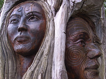 Maori Wood Carving Faces Sculpture