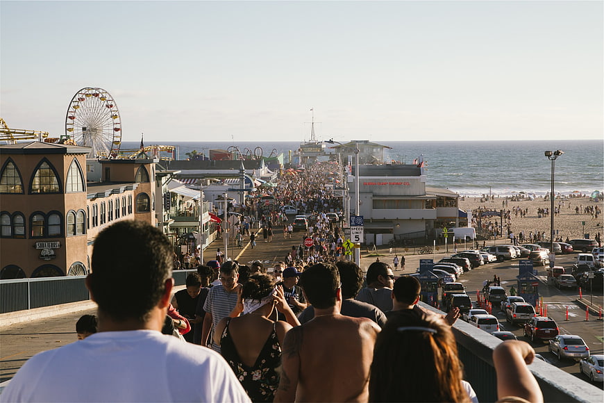 Crowded Santa Monica Pier and Beach View from Overpass