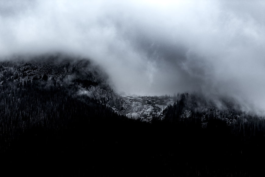 Dramatic Black and White Mountain Landscape with Fog