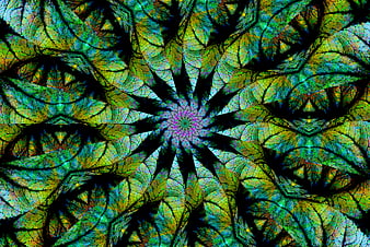 Abstract kaleidoscope pattern with green and blue leaf textures