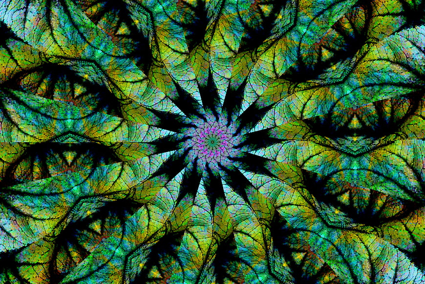Abstract kaleidoscope pattern with green and blue leaf textures