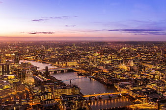 Aerial View of London Skyline at Dusk with River Thames