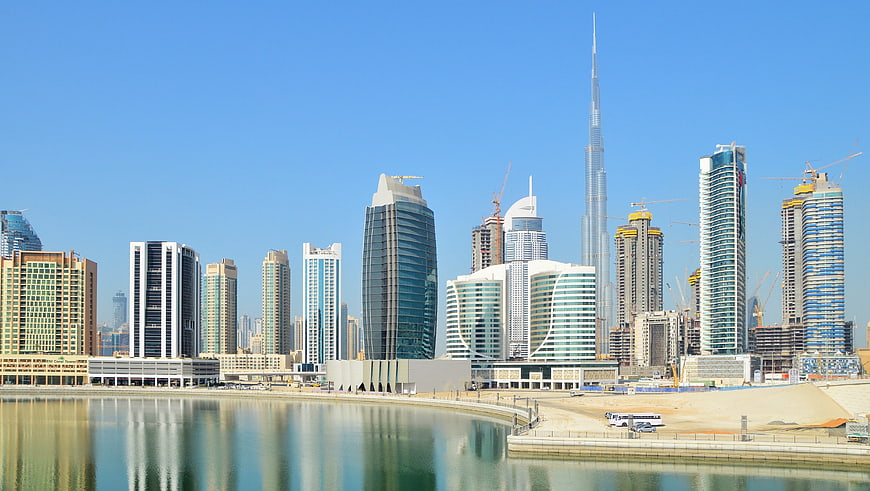 Dubai Marina skyline with Burj Khalifa and water reflections