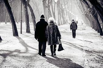 Senior couple walking together in a snowy winter park