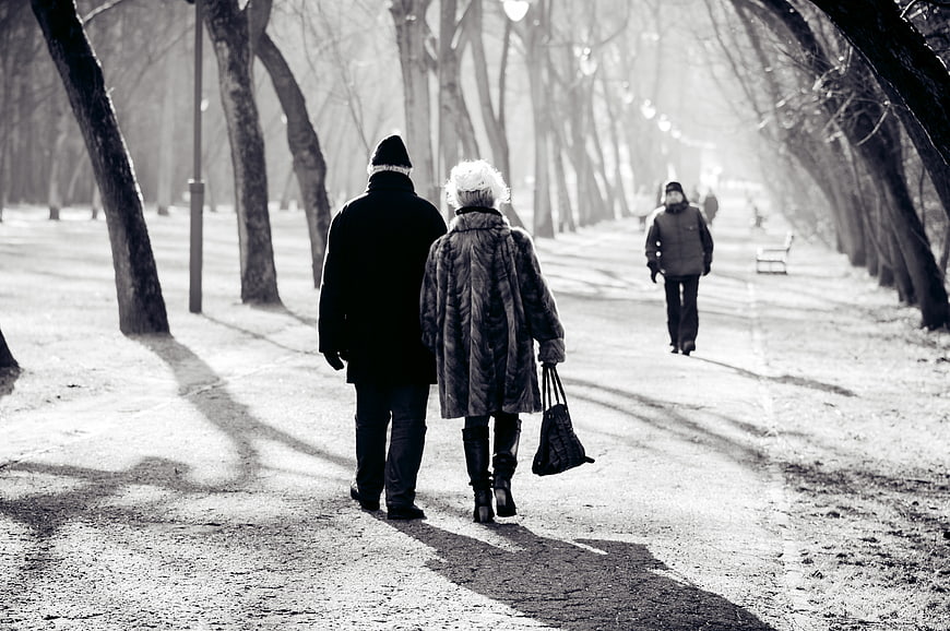 Senior couple walking together in a snowy winter park