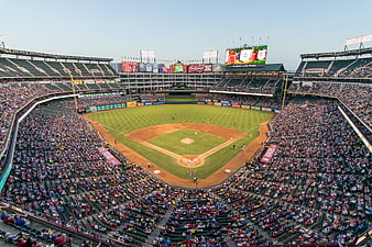 Wide aerial view of Globe Life Park baseball stadium during a game