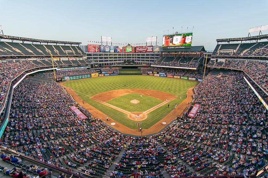 Wide aerial view of Globe Life Park baseball stadium during a game