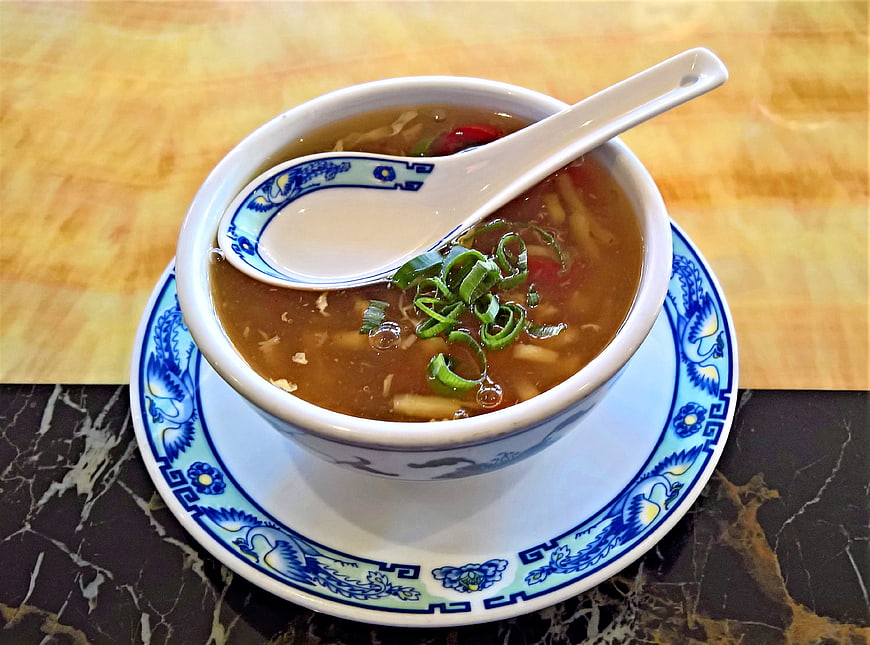 Chinese Sour Spicy Soup in Blue and White Porcelain Bowl