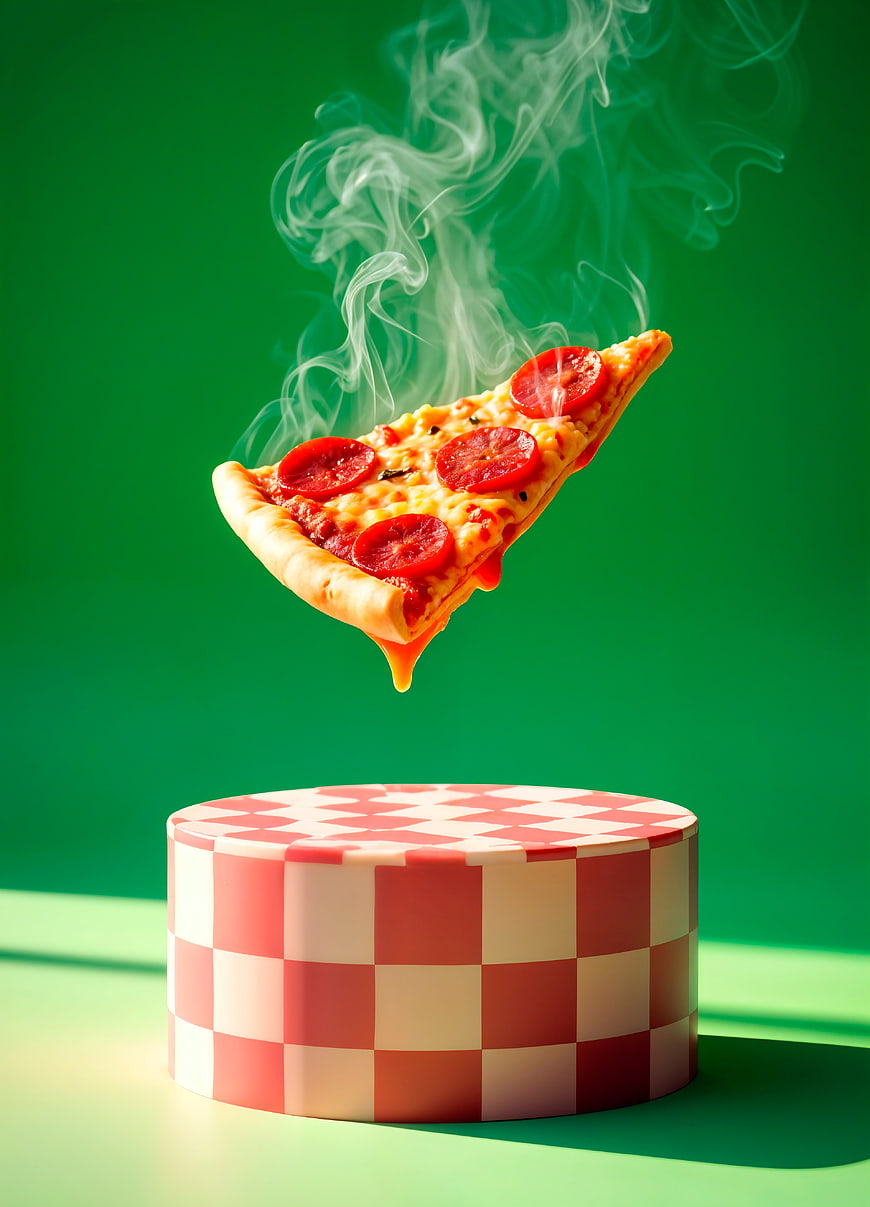 Floating Pepperoni Pizza Slice with Steam on Checkered Podium
