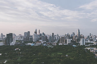 Bangkok Skyline View Over Lush Green Park