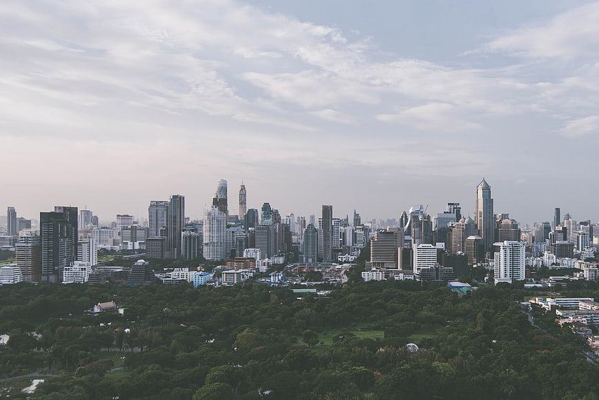 Bangkok Skyline View Over Lush Green Park