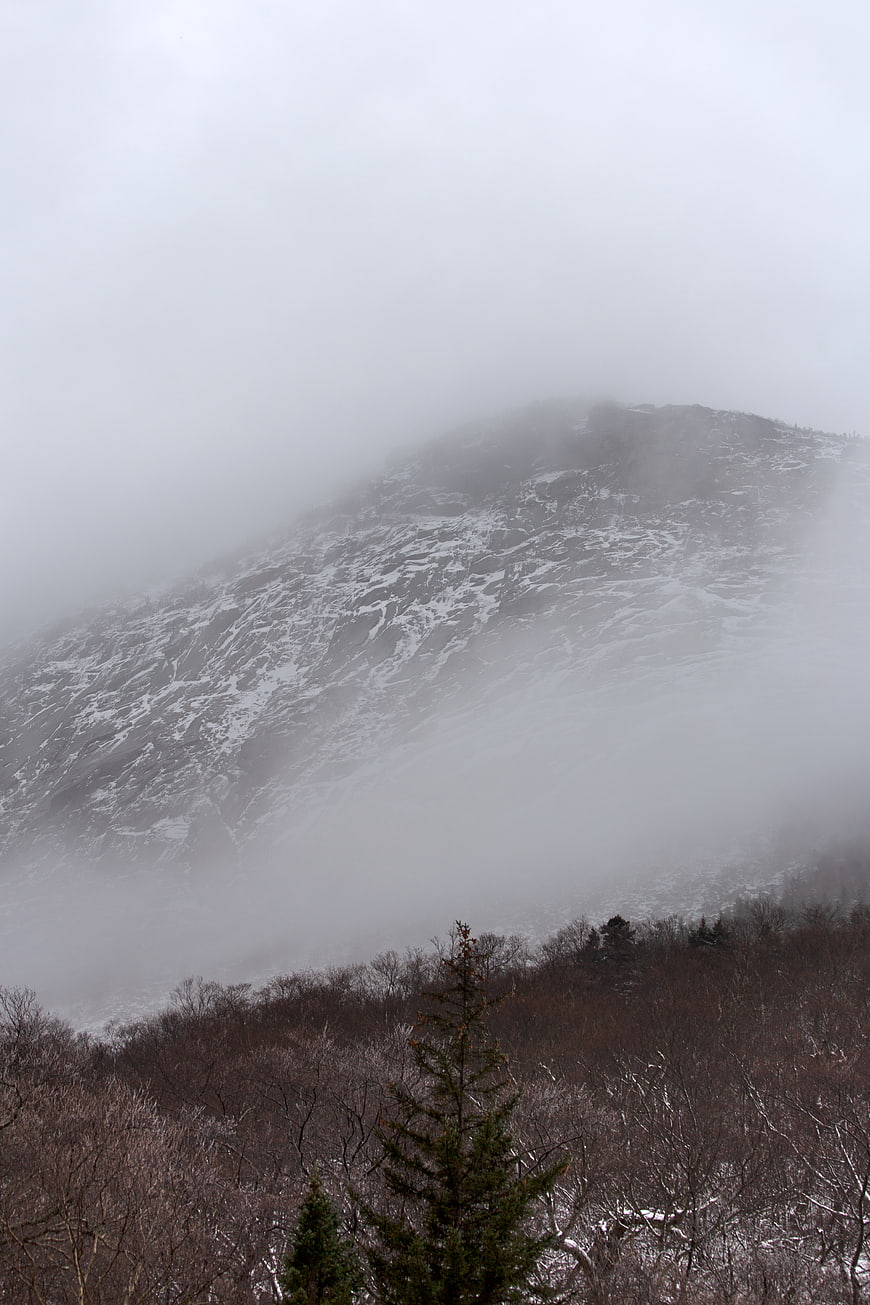 Misty Snow-Covered Mountain Peak with Winter Forest