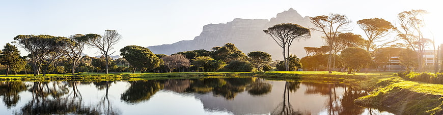 Panoramic view of Table Mountain and Devil's Peak with pond reflection