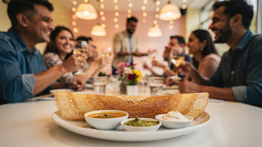 Crispy Dosa with Sambar and Chutney at a Restaurant Gathering