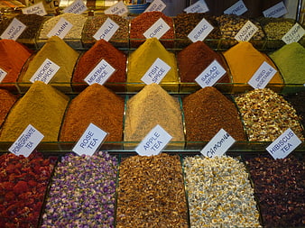 Colorful Spice and Herbal Tea Display at Traditional Market
