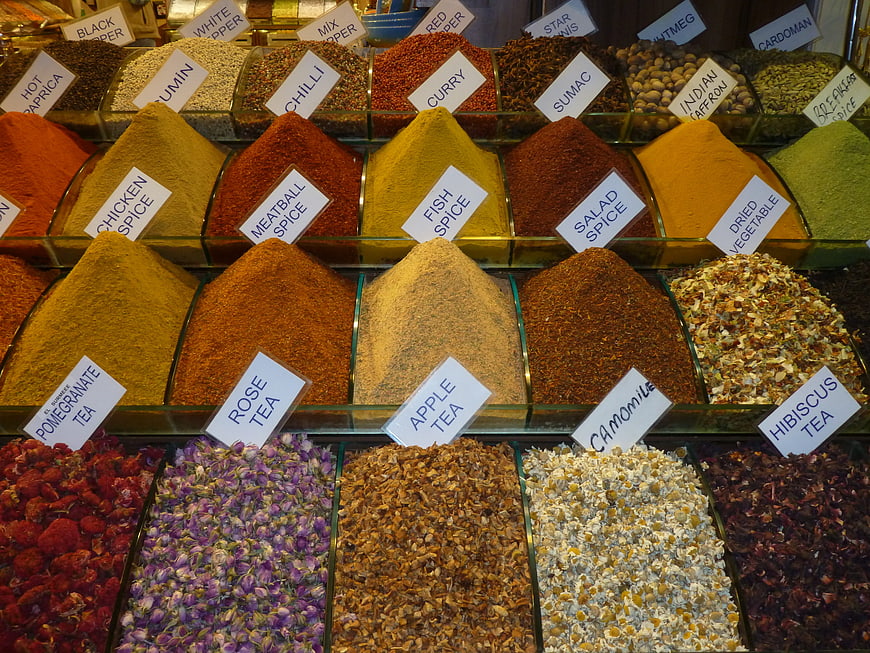 Colorful Spice and Herbal Tea Display at Traditional Market