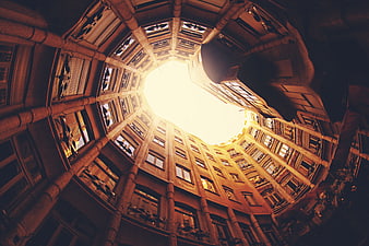 Low angle fisheye view of ornate building courtyard