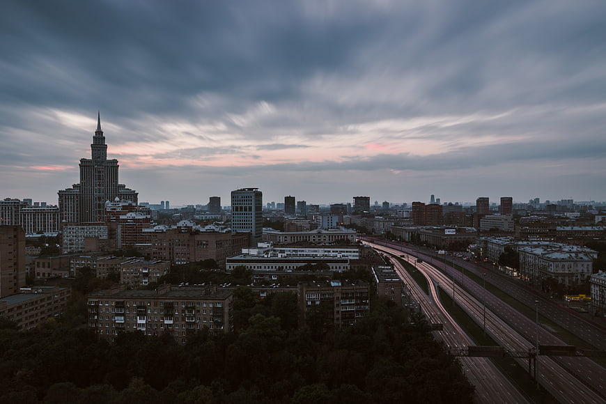 Dramatic Moscow Cityscape with Light Trails at Dusk