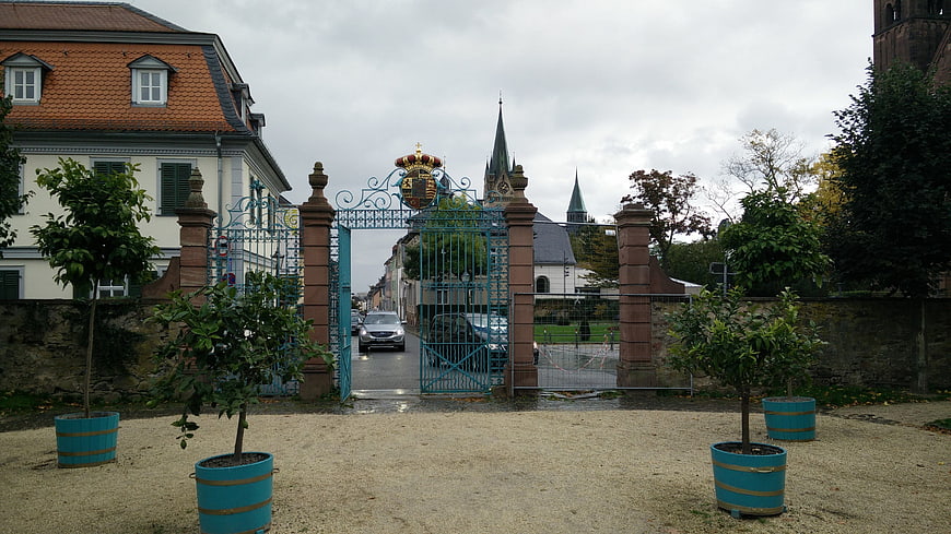 Historic blue gate entrance to Bad Homburg palace garden