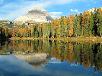 Autumn Mountain Lake Reflection with Golden Larch Forest