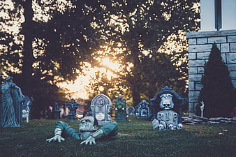 Halloween Graveyard Decorations with Frankenstein Prop on Lawn