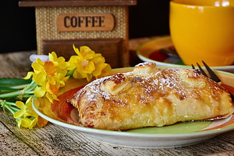 Golden Apple Turnover Pastry with Coffee and Daffodils