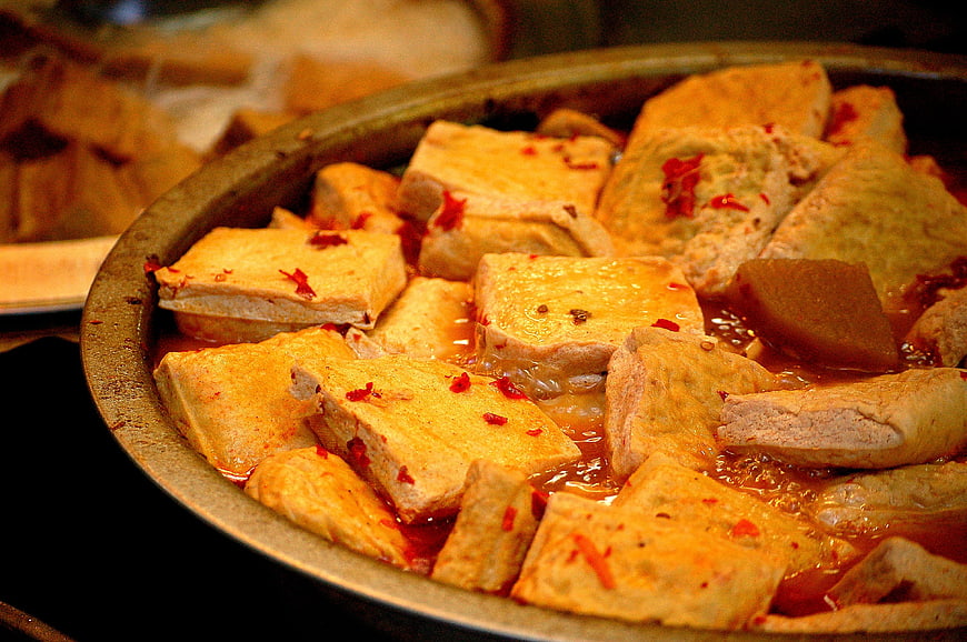Close-up of Stinky Tofu in Spicy Chili Sauce