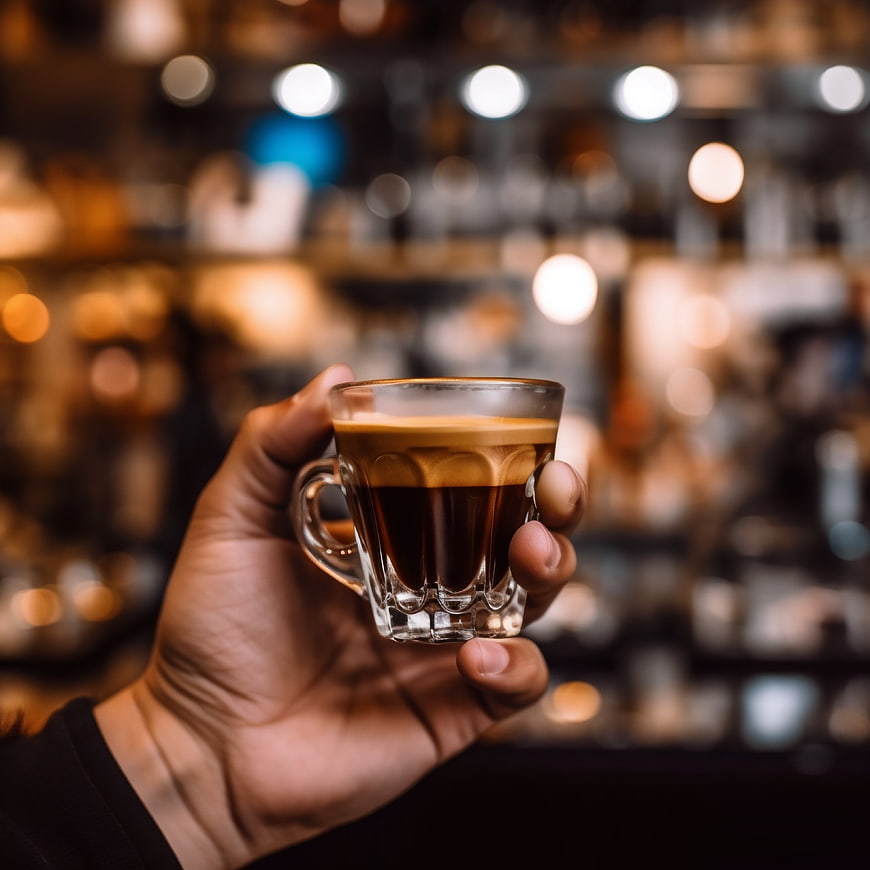 Hand holding espresso cup in cafe