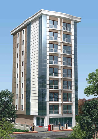 Modern multi-story apartment building architectural rendering