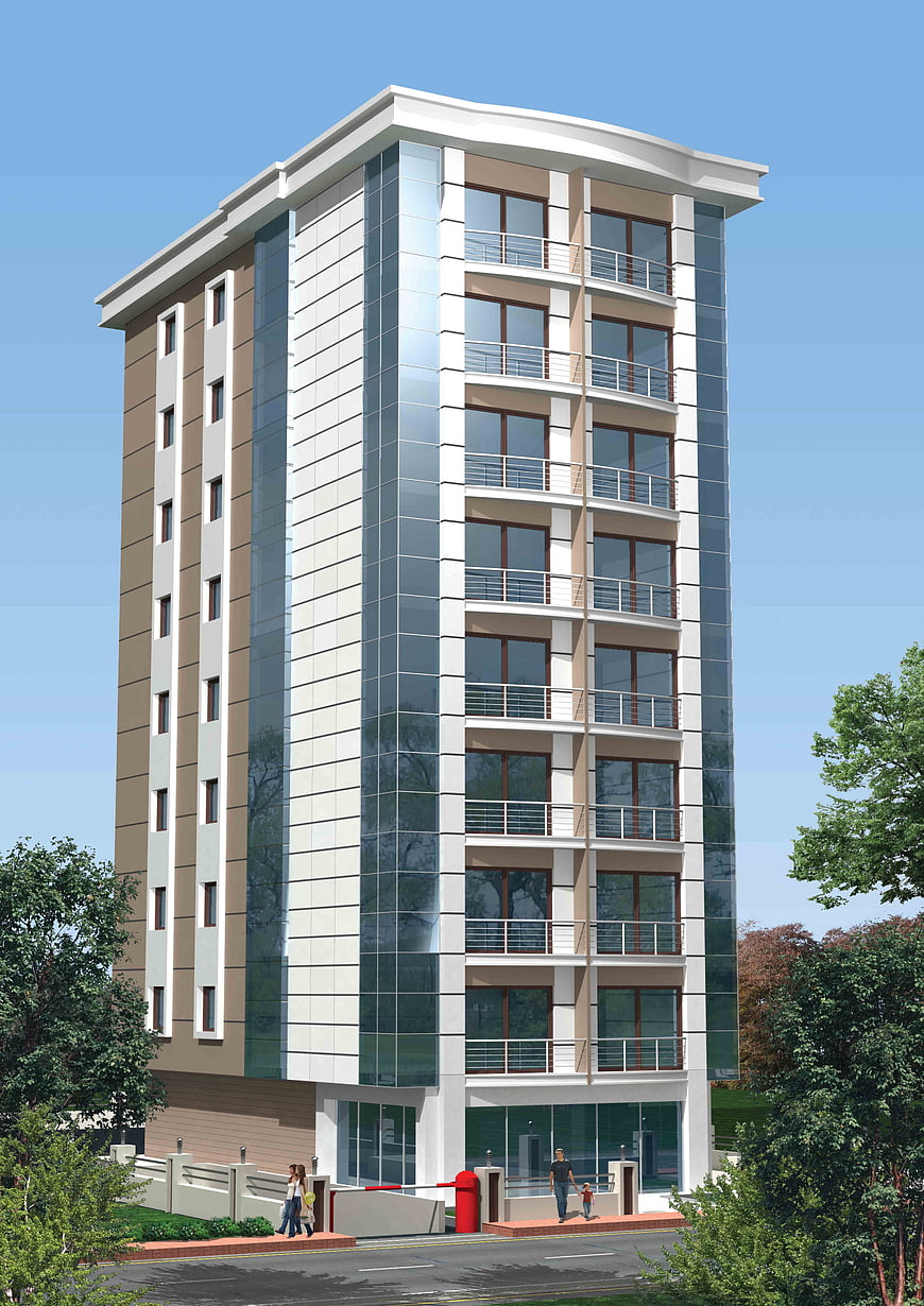 Modern multi-story apartment building architectural rendering