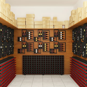 Modern wine cellar interior with organized racks and wooden crates