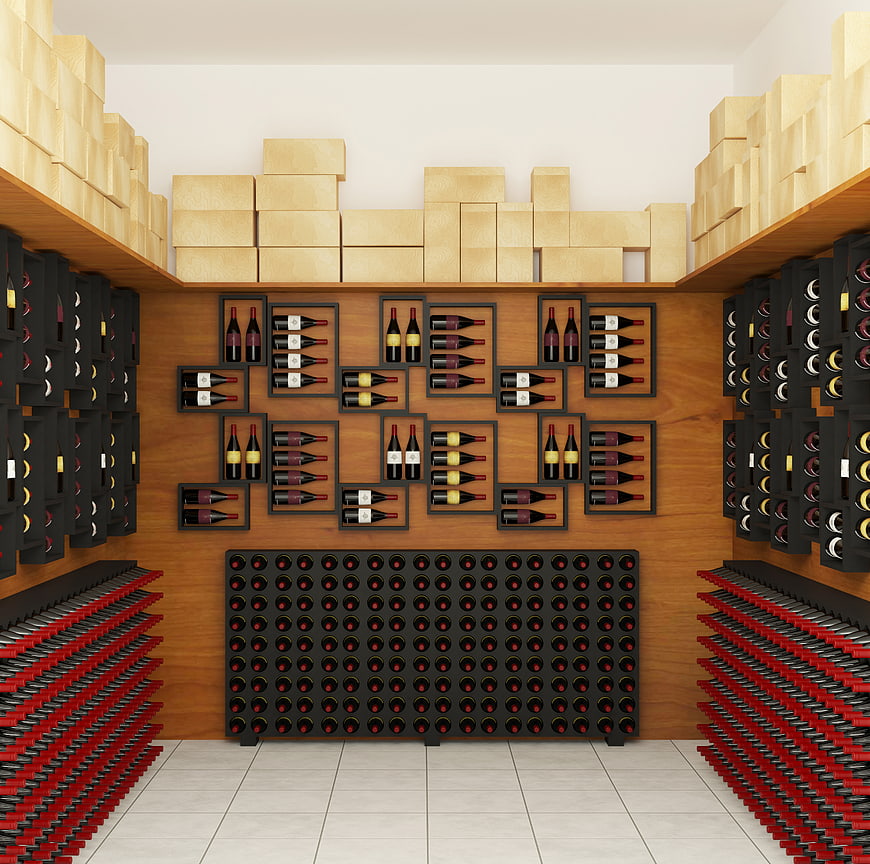Modern wine cellar interior with organized racks and wooden crates