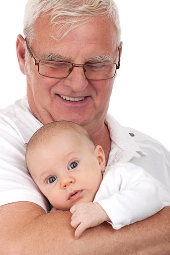 Senior Grandfather Holding Baby on White Background