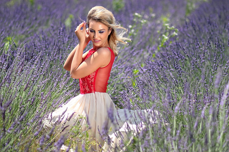 Woman in Red Top Sitting in Lavender Field