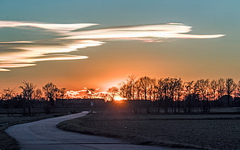 Dramatic sunset over rural road with silhouetted trees