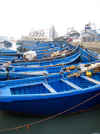 Blue Fishing Boats Docked in Busy Harbor