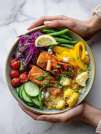 Overhead View of Grilled Salmon Bowl with Quinoa and Vegetables