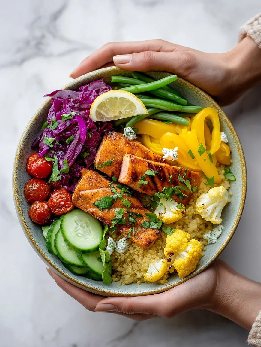 Overhead View of Grilled Salmon Bowl with Quinoa and Vegetables