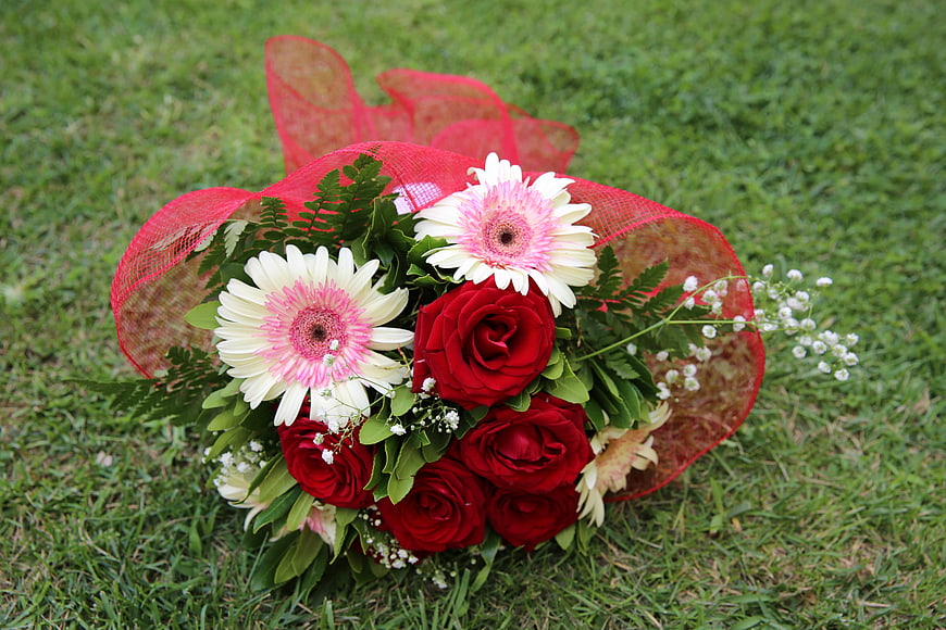 Red Roses and Gerbera Bouquet on Green Grass