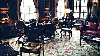 Historic Victorian Study Interior With Antique Furniture And Globe