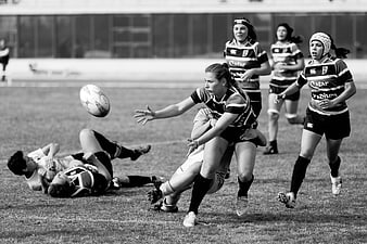 Women's Rugby Match Action Shot in Black and White