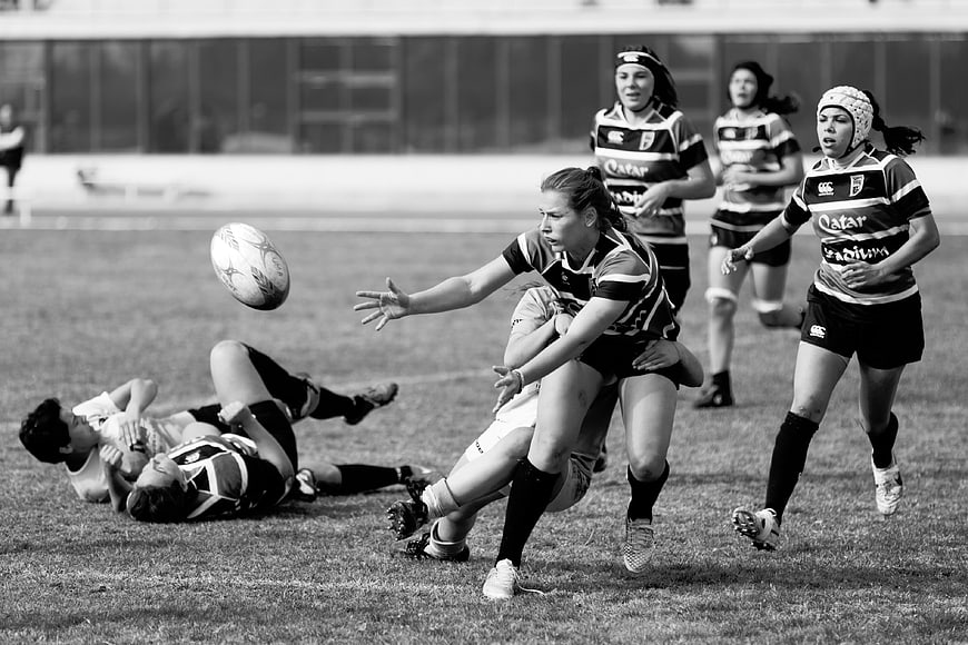 Women's Rugby Match Action Shot in Black and White