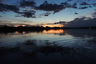 Sunset Reflection on Amazon River with Silhouette Trees