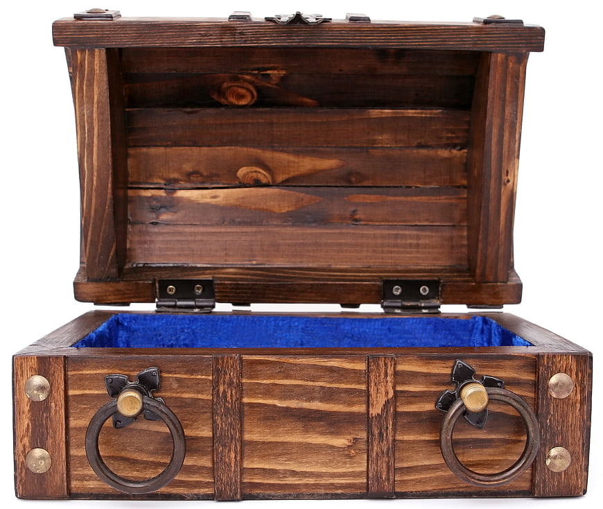Open Vintage Wooden Treasure Chest with Blue Velvet Lining