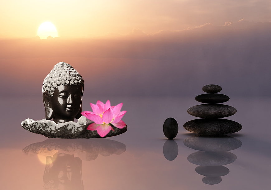 Zen Buddha Head and Lotus Flower with Stacked Stones