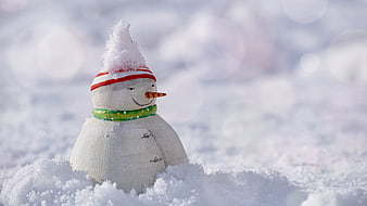 Cute Wooden Snowman Figurine in Snow